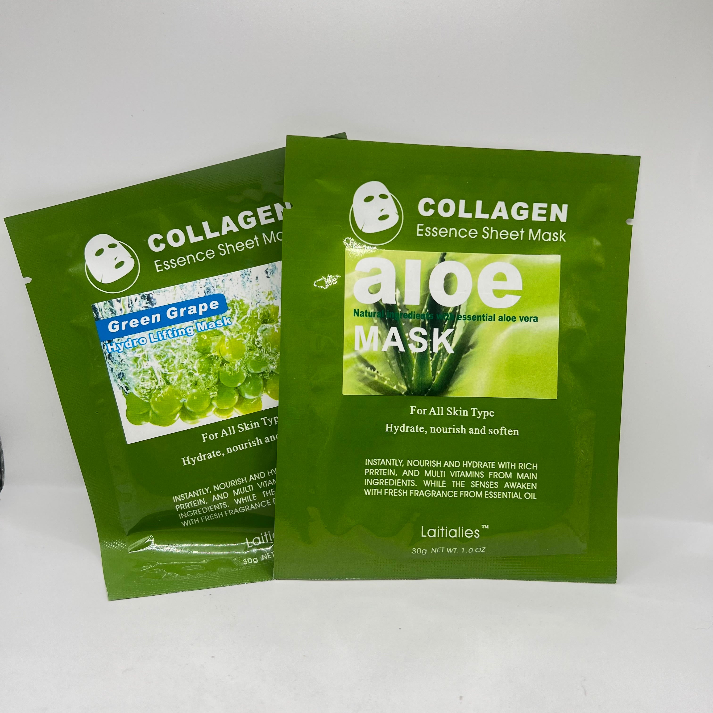 Two green face mask packages with text indicating they contain collagen, green grape/aloe, and essential oils, and are intended for all skin types.